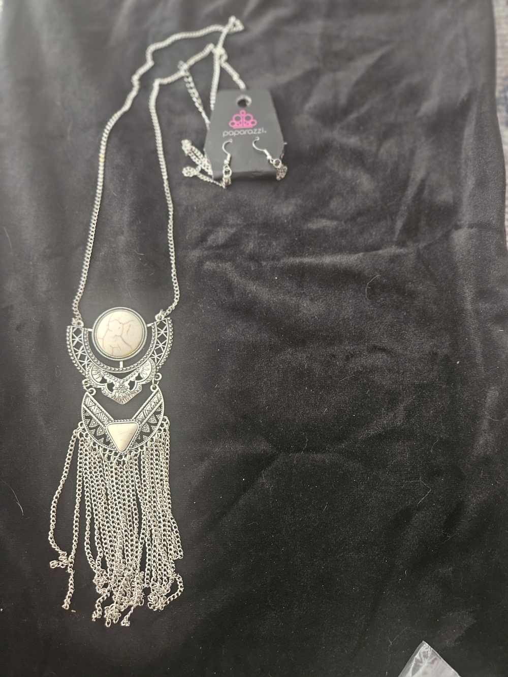 Paparazzi Silver-Tone Fringe Statement Necklace - White Stone
